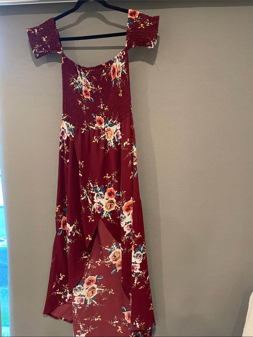 Floral Off-Shoulder Maxi Dress in Burgundy